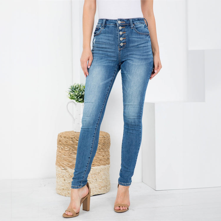 Front Button High Rise Skinny Jeans, Pants, Blue, Bottoms, Jeans, Pants, Woman apparel, Womens clothing - Miah & Elliott
