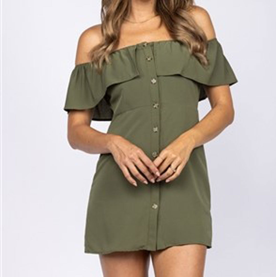 Off The Shoulders Ruffle Dress, Dress, Dress, Green, Off the Shoulders, Olive, Strapless, Woman apparel, Womens clothing - Miah & Elliott