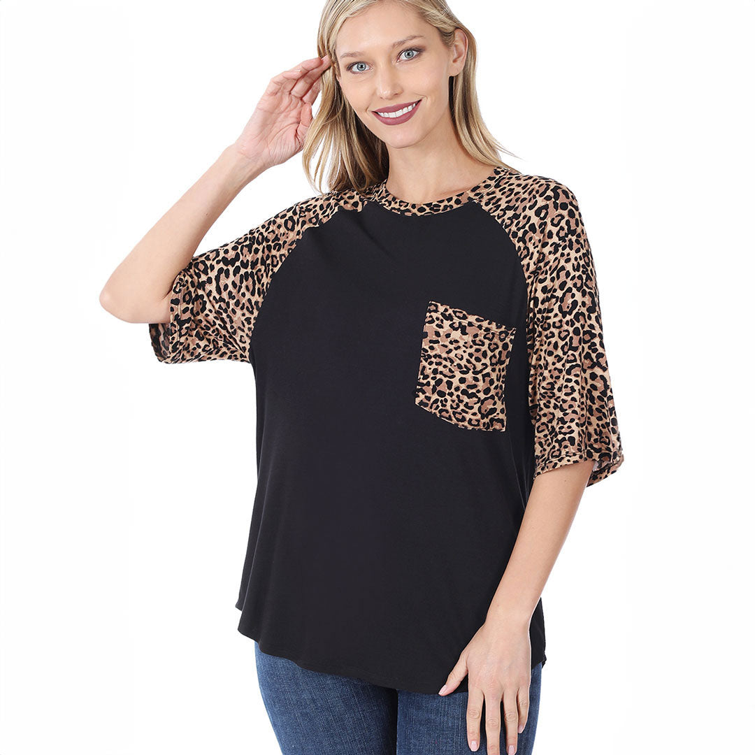 Leopard Raglan Sleeve Top, Top, Black, Black top, Curvy, Cute top, Leopard, Top, With curves, Woman apparel, Women's top, Womens clothing - Miah & Elliott