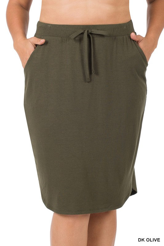 Plus Self Tie Tulip Hem Skirt with Side Pockets, Skirts, Ash Grey, Black, Casual Skirt - Miah & Elliott