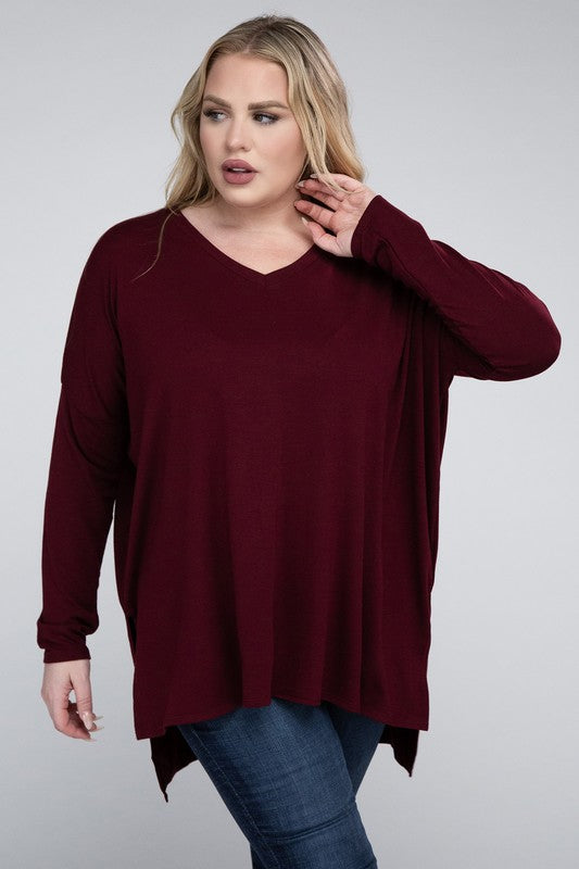 Plus Dolman Sleeve V-Neck Side Slit Hi-Low Hem Top, Top, Long Sleeve, Plus, Polyester, Solid, Tunics, V-Neck - Miah & Elliott