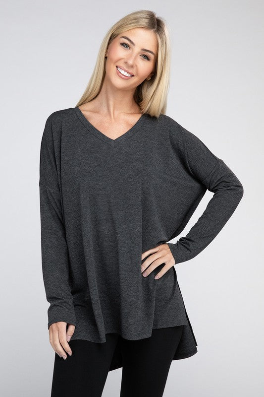 Dolman Long Sleeve V-Neck Side Slit Hi-Low Hem Top, Top, Long Sleeve, Missy, Polyester, Solid, Tunics, V-Neck - Miah & Elliott