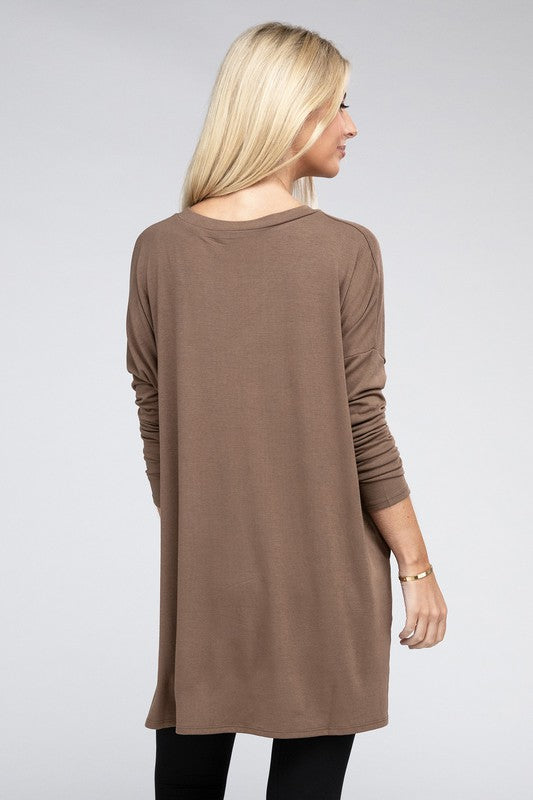 Dolman Long Sleeve V-Neck Side Slit Hi-Low Hem Top, Top, Long Sleeve, Missy, Polyester, Solid, Tunics, V-Neck - Miah & Elliott