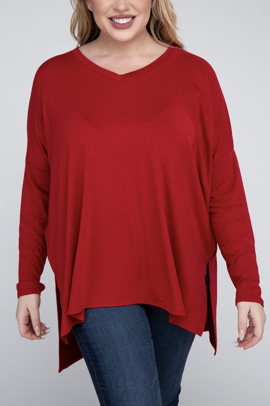 Plus Dolman Sleeve V-Neck Side Slit Hi-Low Hem Top, Top, Long Sleeve, Plus, Polyester, Solid, Tunics, V-Neck - Miah & Elliott