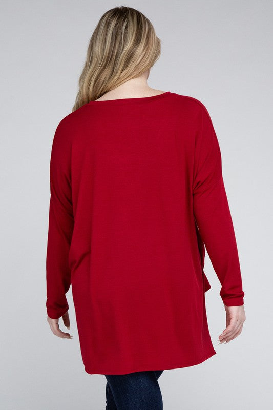 Plus Dolman Sleeve V-Neck Side Slit Hi-Low Hem Top, Top, Long Sleeve, Plus, Polyester, Solid, Tunics, V-Neck - Miah & Elliott