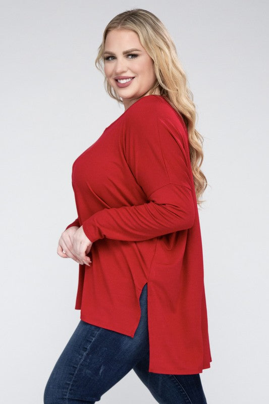 Plus Dolman Sleeve V-Neck Side Slit Hi-Low Hem Top, Top, Long Sleeve, Plus, Polyester, Solid, Tunics, V-Neck - Miah & Elliott