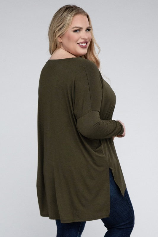 Plus Dolman Sleeve V-Neck Side Slit Hi-Low Hem Top, Top, Long Sleeve, Plus, Polyester, Solid, Tunics, V-Neck - Miah & Elliott