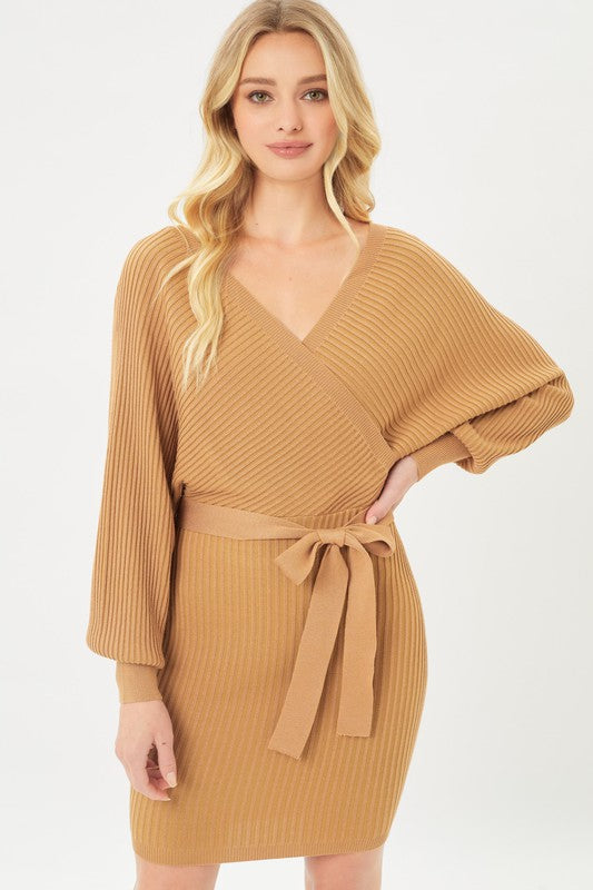 Off Shoulder Wrap Belted Ribbed Knit Dress, , Casual Dresses, Contemporary, FashionGo Dropshipping - Miah & Elliott