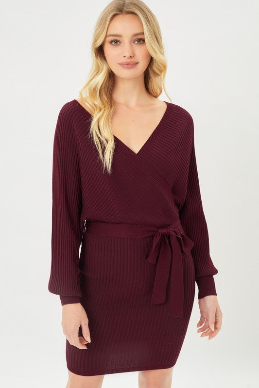 Off Shoulder Wrap Belted Ribbed Knit Dress, , Casual Dresses, Contemporary, FashionGo Dropshipping - Miah & Elliott