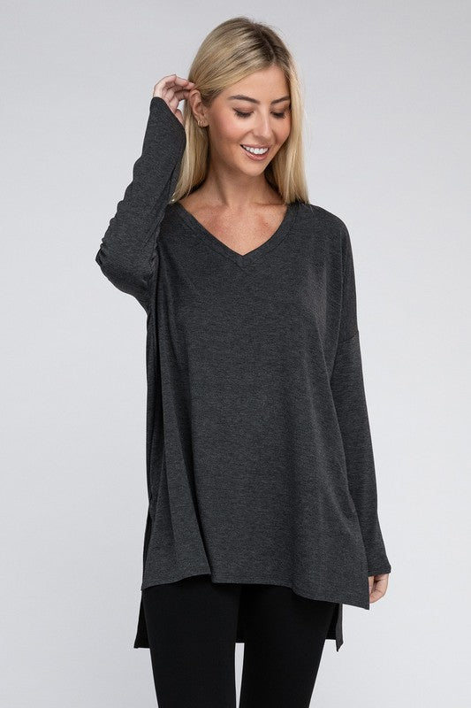 Dolman Long Sleeve V-Neck Side Slit Hi-Low Hem Top, Top, Long Sleeve, Missy, Polyester, Solid, Tunics, V-Neck - Miah & Elliott