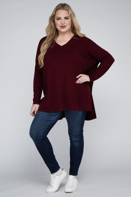 Plus Dolman Sleeve V-Neck Side Slit Hi-Low Hem Top, Top, Long Sleeve, Plus, Polyester, Solid, Tunics, V-Neck - Miah & Elliott