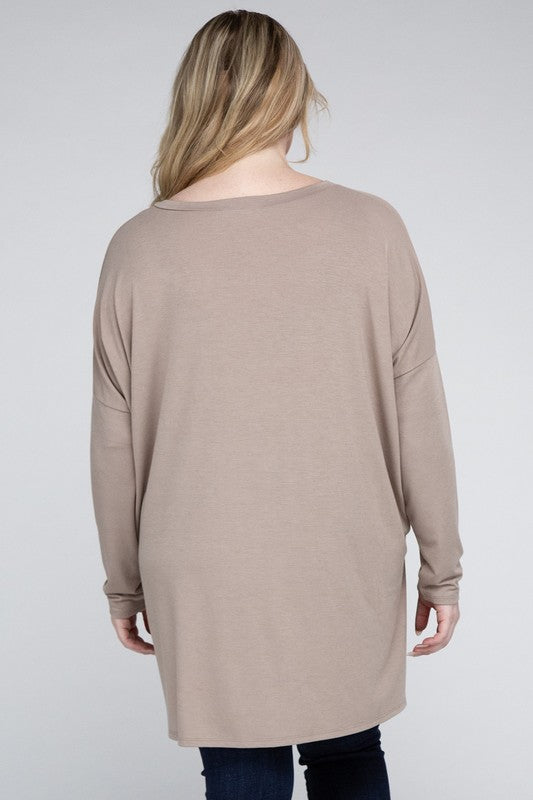 Plus Dolman Sleeve V-Neck Side Slit Hi-Low Hem Top, Top, Long Sleeve, Plus, Polyester, Solid, Tunics, V-Neck - Miah & Elliott