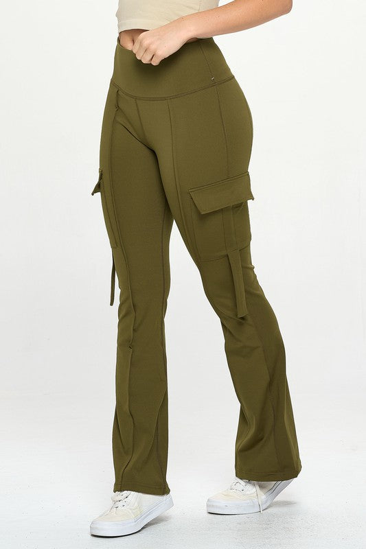 High Waisted Pocket Cargo Flare Casual Leggings, , Cargo, Casual Pants, Contemporary, FashionGo Dropshipping, Full, Nylon, Only at FashionGo, Solid - Miah & Elliott