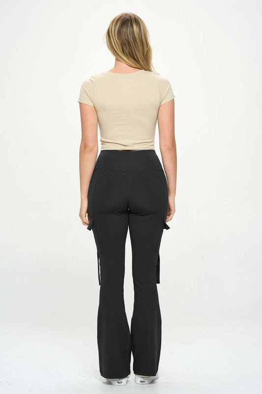 High Waisted Pocket Cargo Flare Casual Leggings, , Cargo, Casual Pants, Contemporary, FashionGo Dropshipping, Full, Nylon, Only at FashionGo, Solid - Miah & Elliott