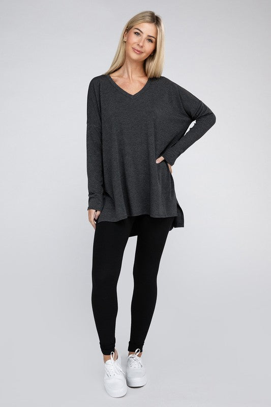 Dolman Long Sleeve V-Neck Side Slit Hi-Low Hem Top, Top, Long Sleeve, Missy, Polyester, Solid, Tunics, V-Neck - Miah & Elliott