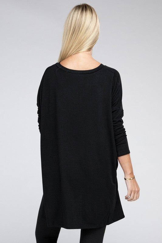 Dolman Long Sleeve V-Neck Side Slit Hi-Low Hem Top, Top, Long Sleeve, Missy, Polyester, Solid, Tunics, V-Neck - Miah & Elliott