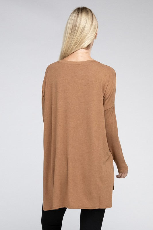 Dolman Long Sleeve V-Neck Side Slit Hi-Low Hem Top, Top, Long Sleeve, Missy, Polyester, Solid, Tunics, V-Neck - Miah & Elliott