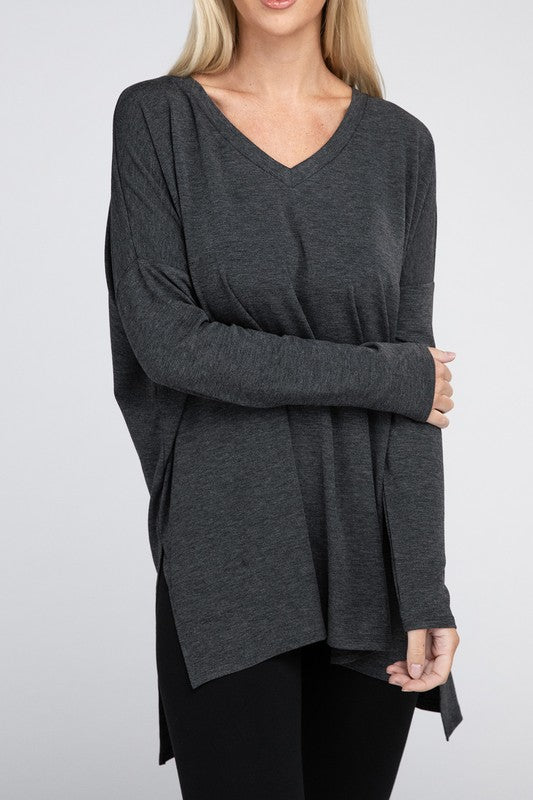 Dolman Long Sleeve V-Neck Side Slit Hi-Low Hem Top, Top, Long Sleeve, Missy, Polyester, Solid, Tunics, V-Neck - Miah & Elliott