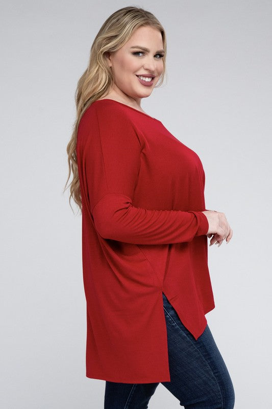 Plus Dolman Sleeve V-Neck Side Slit Hi-Low Hem Top, Top, Long Sleeve, Plus, Polyester, Solid, Tunics, V-Neck - Miah & Elliott