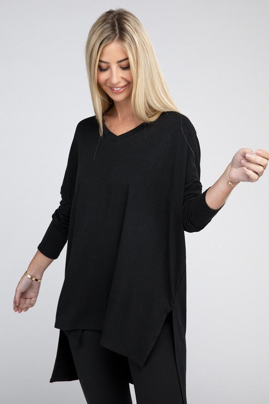 Dolman Long Sleeve V-Neck Side Slit Hi-Low Hem Top, Top, Long Sleeve, Missy, Polyester, Solid, Tunics, V-Neck - Miah & Elliott