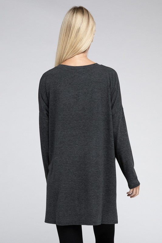 Dolman Long Sleeve V-Neck Side Slit Hi-Low Hem Top, Top, Long Sleeve, Missy, Polyester, Solid, Tunics, V-Neck - Miah & Elliott