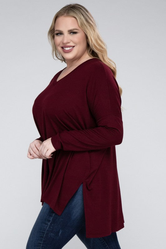 Plus Dolman Sleeve V-Neck Side Slit Hi-Low Hem Top, Top, Long Sleeve, Plus, Polyester, Solid, Tunics, V-Neck - Miah & Elliott