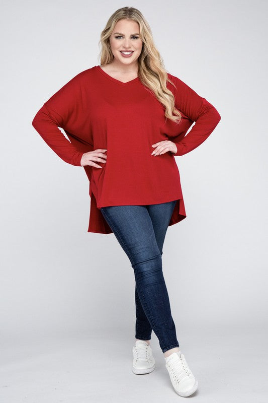 Plus Dolman Sleeve V-Neck Side Slit Hi-Low Hem Top, Top, Long Sleeve, Plus, Polyester, Solid, Tunics, V-Neck - Miah & Elliott