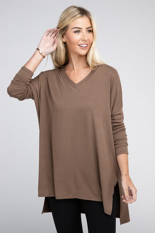 Dolman Long Sleeve V-Neck Side Slit Hi-Low Hem Top, Top, Long Sleeve, Missy, Polyester, Solid, Tunics, V-Neck - Miah & Elliott