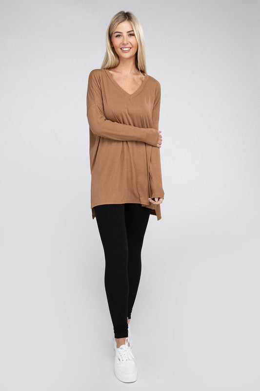 Dolman Long Sleeve V-Neck Side Slit Hi-Low Hem Top, Top, Long Sleeve, Missy, Polyester, Solid, Tunics, V-Neck - Miah & Elliott