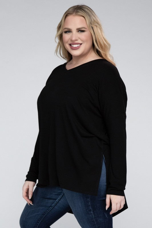 Plus Dolman Sleeve V-Neck Side Slit Hi-Low Hem Top, Top, Long Sleeve, Plus, Polyester, Solid, Tunics, V-Neck - Miah & Elliott