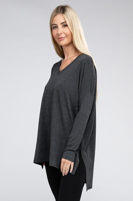 Dolman Long Sleeve V-Neck Side Slit Hi-Low Hem Top, Top, Long Sleeve, Missy, Polyester, Solid, Tunics, V-Neck - Miah & Elliott