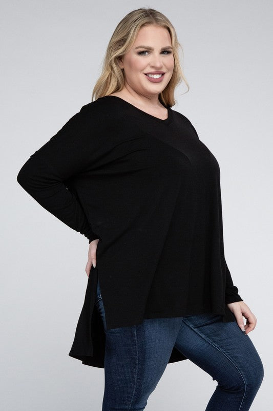 Plus Dolman Sleeve V-Neck Side Slit Hi-Low Hem Top, Top, Long Sleeve, Plus, Polyester, Solid, Tunics, V-Neck - Miah & Elliott