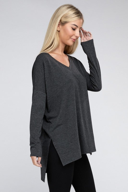 Dolman Long Sleeve V-Neck Side Slit Hi-Low Hem Top, Top, Long Sleeve, Missy, Polyester, Solid, Tunics, V-Neck - Miah & Elliott