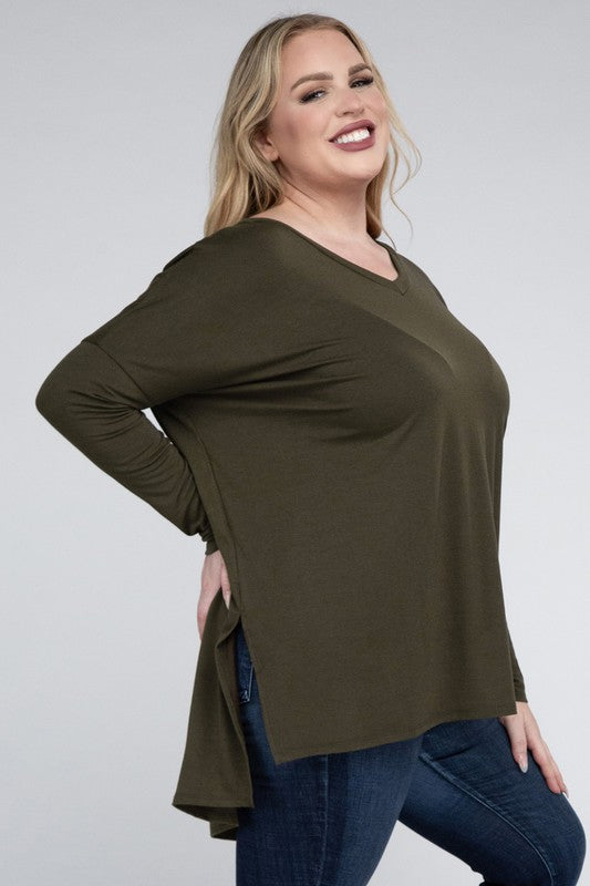 Plus Dolman Sleeve V-Neck Side Slit Hi-Low Hem Top, Top, Long Sleeve, Plus, Polyester, Solid, Tunics, V-Neck - Miah & Elliott