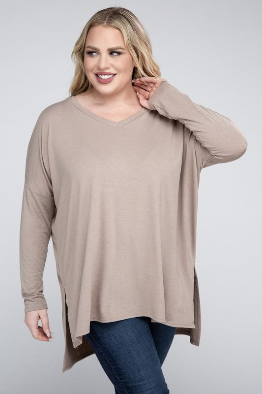 Plus Dolman Sleeve V-Neck Side Slit Hi-Low Hem Top, Top, Long Sleeve, Plus, Polyester, Solid, Tunics, V-Neck - Miah & Elliott