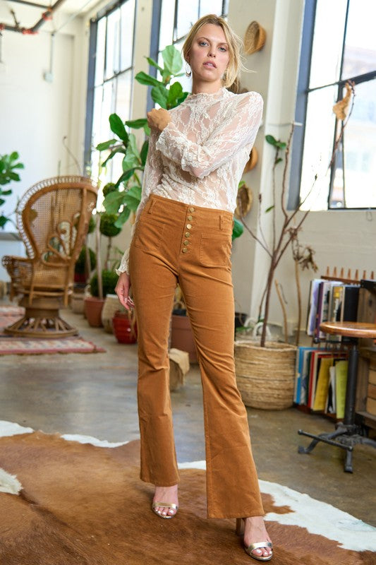 CORDUROY FLARE PANTS, , Casual Pants, Contemporary, Corduroy, FashionGo Dropshipping, Full, High Waisted, Sequin - Miah & Elliott