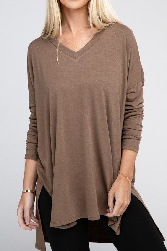 Dolman Long Sleeve V-Neck Side Slit Hi-Low Hem Top, Top, Long Sleeve, Missy, Polyester, Solid, Tunics, V-Neck - Miah & Elliott