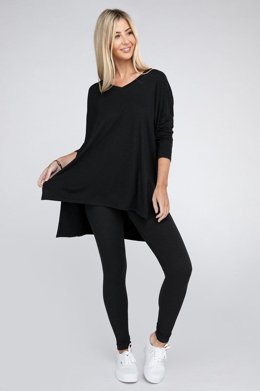 Dolman Long Sleeve V-Neck Side Slit Hi-Low Hem Top, Top, Long Sleeve, Missy, Polyester, Solid, Tunics, V-Neck - Miah & Elliott