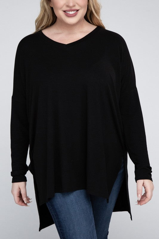 Plus Dolman Sleeve V-Neck Side Slit Hi-Low Hem Top, Top, Long Sleeve, Plus, Polyester, Solid, Tunics, V-Neck - Miah & Elliott