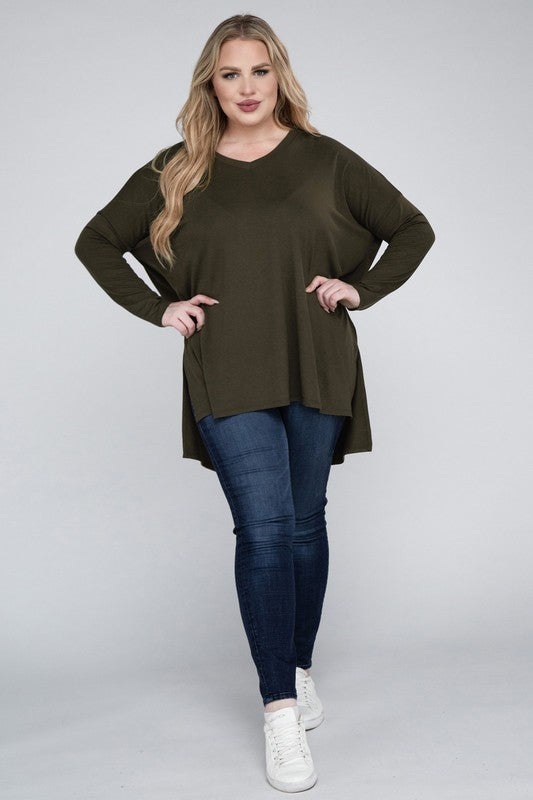 Plus Dolman Sleeve V-Neck Side Slit Hi-Low Hem Top, Top, Long Sleeve, Plus, Polyester, Solid, Tunics, V-Neck - Miah & Elliott