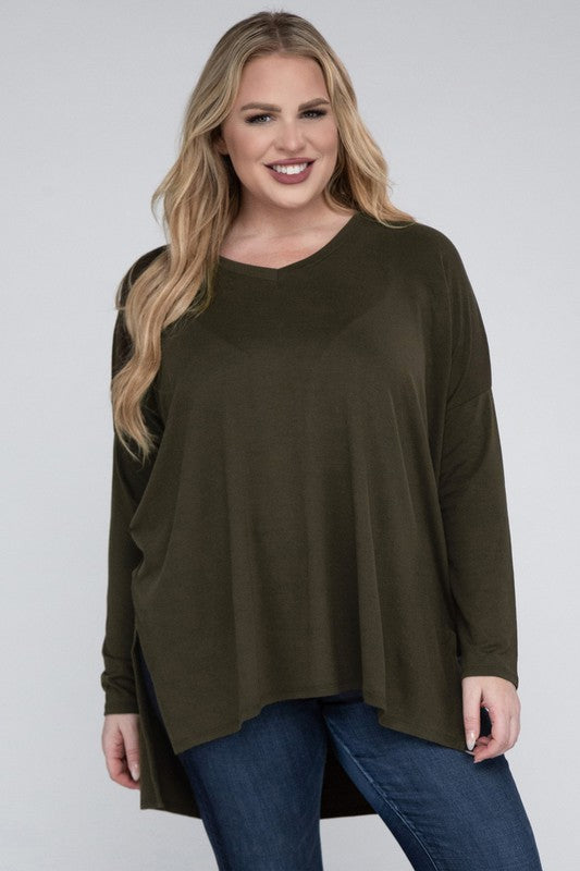 Plus Dolman Sleeve V-Neck Side Slit Hi-Low Hem Top, Top, Long Sleeve, Plus, Polyester, Solid, Tunics, V-Neck - Miah & Elliott