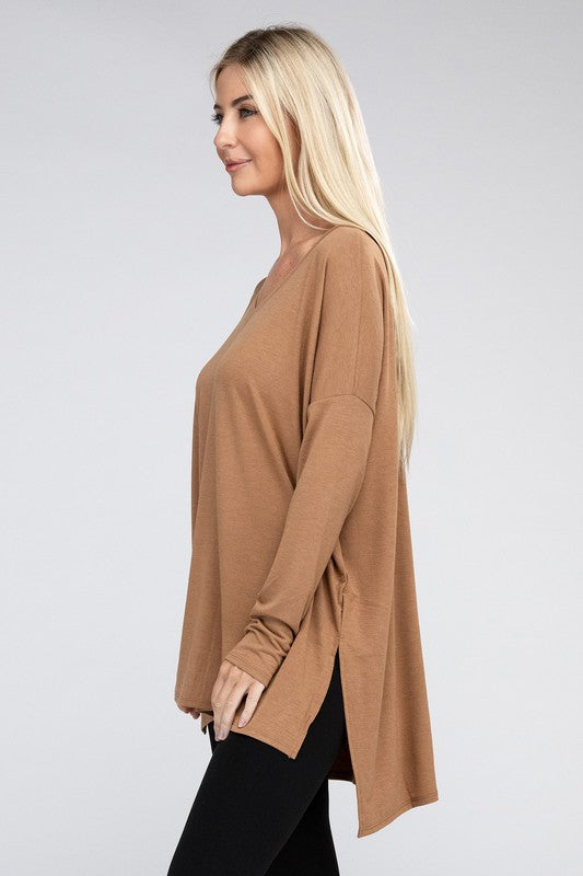 Dolman Long Sleeve V-Neck Side Slit Hi-Low Hem Top, Top, Long Sleeve, Missy, Polyester, Solid, Tunics, V-Neck - Miah & Elliott