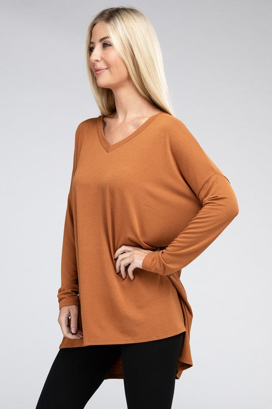 Dolman Long Sleeve V-Neck Side Slit Hi-Low Hem Top, Top, Long Sleeve, Missy, Polyester, Solid, Tunics, V-Neck - Miah & Elliott