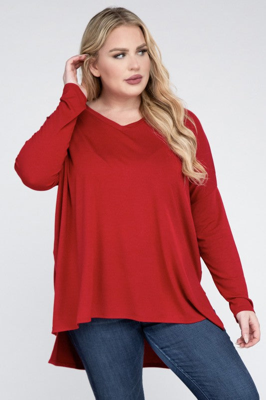 Plus Dolman Sleeve V-Neck Side Slit Hi-Low Hem Top, Top, Long Sleeve, Plus, Polyester, Solid, Tunics, V-Neck - Miah & Elliott