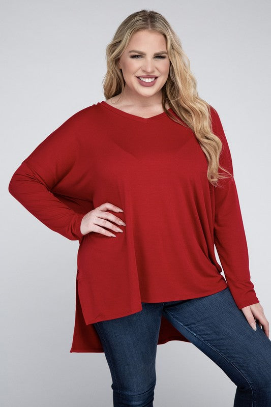 Plus Dolman Sleeve V-Neck Side Slit Hi-Low Hem Top, Top, Long Sleeve, Plus, Polyester, Solid, Tunics, V-Neck - Miah & Elliott