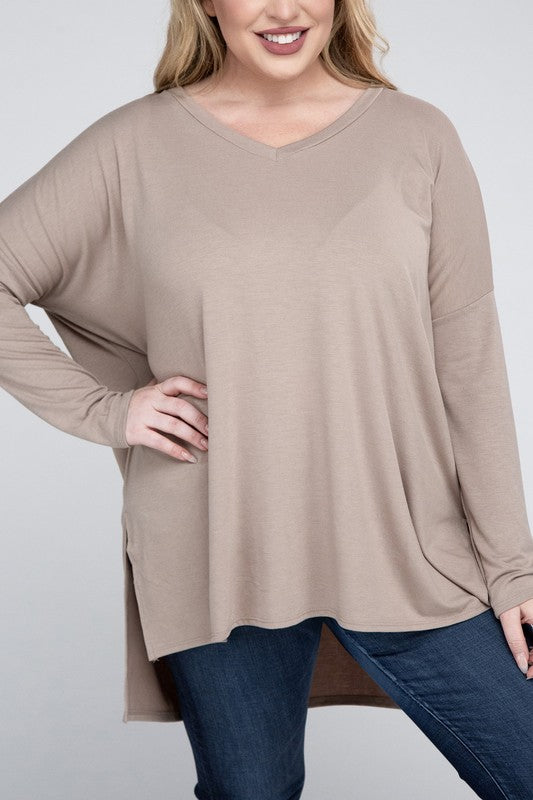 Plus Dolman Sleeve V-Neck Side Slit Hi-Low Hem Top, Top, Long Sleeve, Plus, Polyester, Solid, Tunics, V-Neck - Miah & Elliott