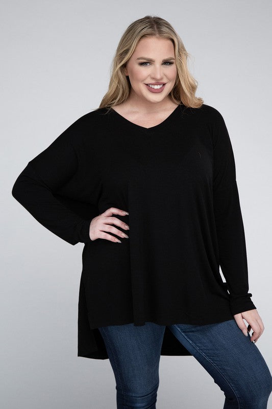 Plus Dolman Sleeve V-Neck Side Slit Hi-Low Hem Top, Top, Long Sleeve, Plus, Polyester, Solid, Tunics, V-Neck - Miah & Elliott