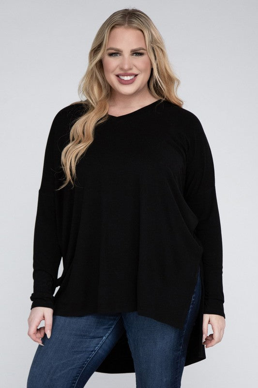 Plus Dolman Sleeve V-Neck Side Slit Hi-Low Hem Top, Top, Long Sleeve, Plus, Polyester, Solid, Tunics, V-Neck - Miah & Elliott