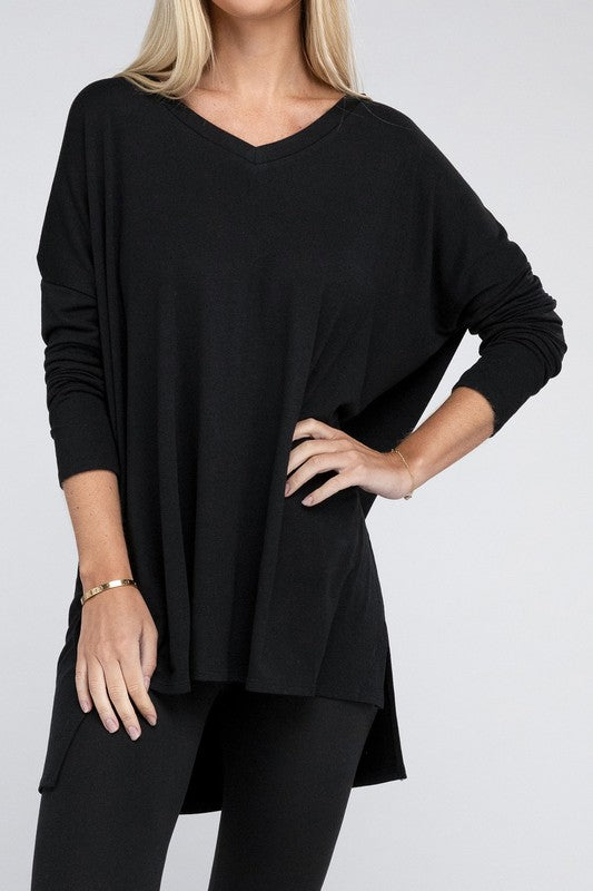 Dolman Long Sleeve V-Neck Side Slit Hi-Low Hem Top, Top, Long Sleeve, Missy, Polyester, Solid, Tunics, V-Neck - Miah & Elliott