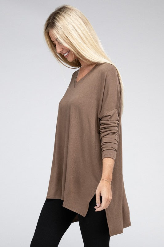 Dolman Long Sleeve V-Neck Side Slit Hi-Low Hem Top, Top, Long Sleeve, Missy, Polyester, Solid, Tunics, V-Neck - Miah & Elliott